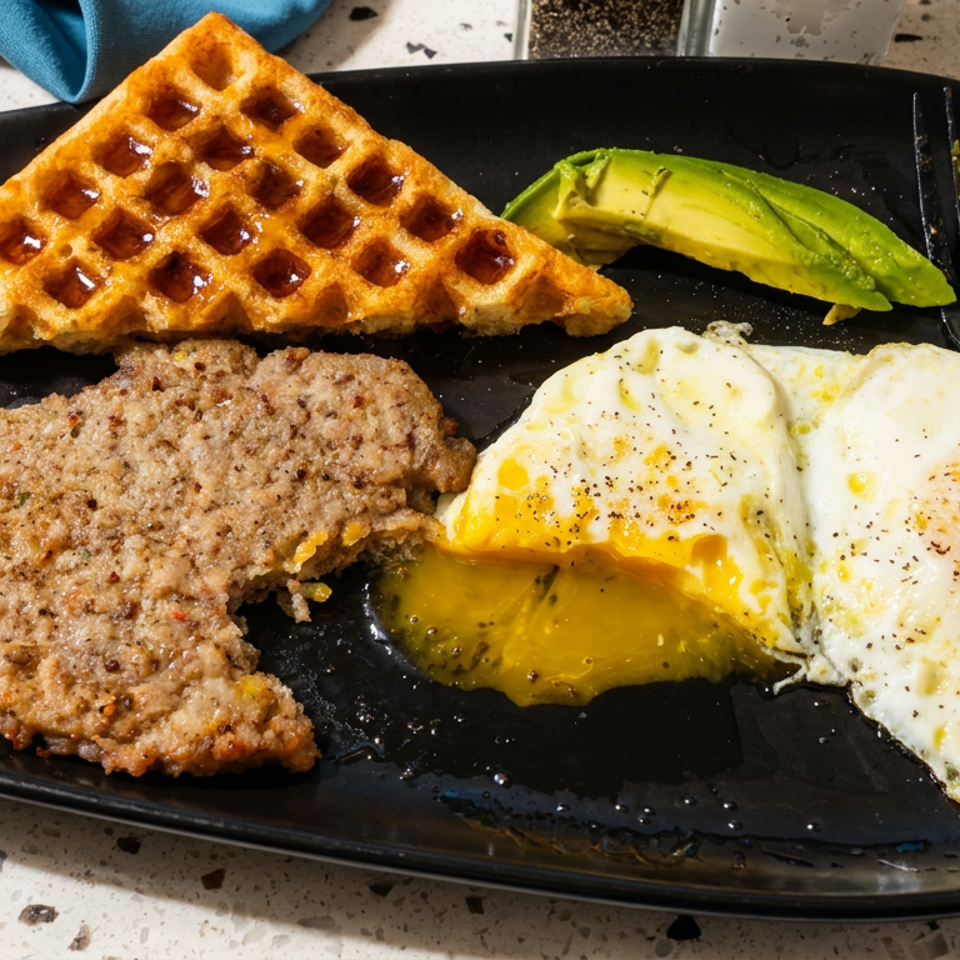 Black plate with a toasted waffle, two fried eggs, avocado slices, and seasoned sausage patty on a speckled tabletop.