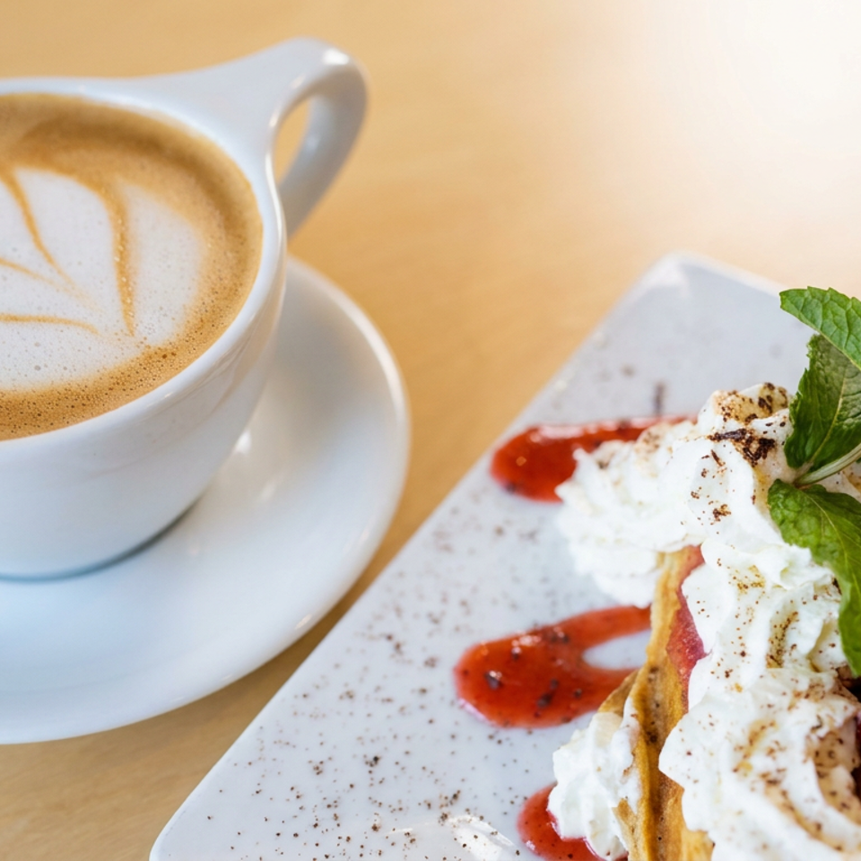 Latte with leaf-shaped foam beside a berry dessert topped with whipped cream, mint, and chocolate wafer on a wooden table.