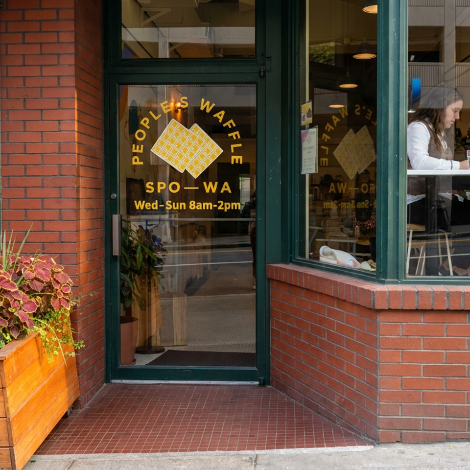 Exterior entrance of People’s Waffle Spot with brick walls, colorful planter, café windows, and a customer seated inside.