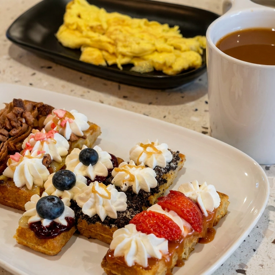 Decorated waffles topped with whipped cream, blueberries, strawberries, and chocolate sit beside scrambled eggs and tea.