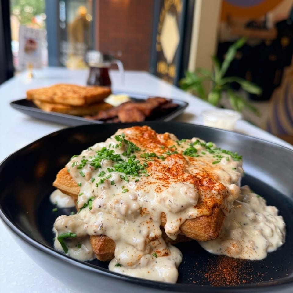 Golden fried pastry topped with creamy herb sauce and paprika, served on a black plate with bacon and toast in the background.