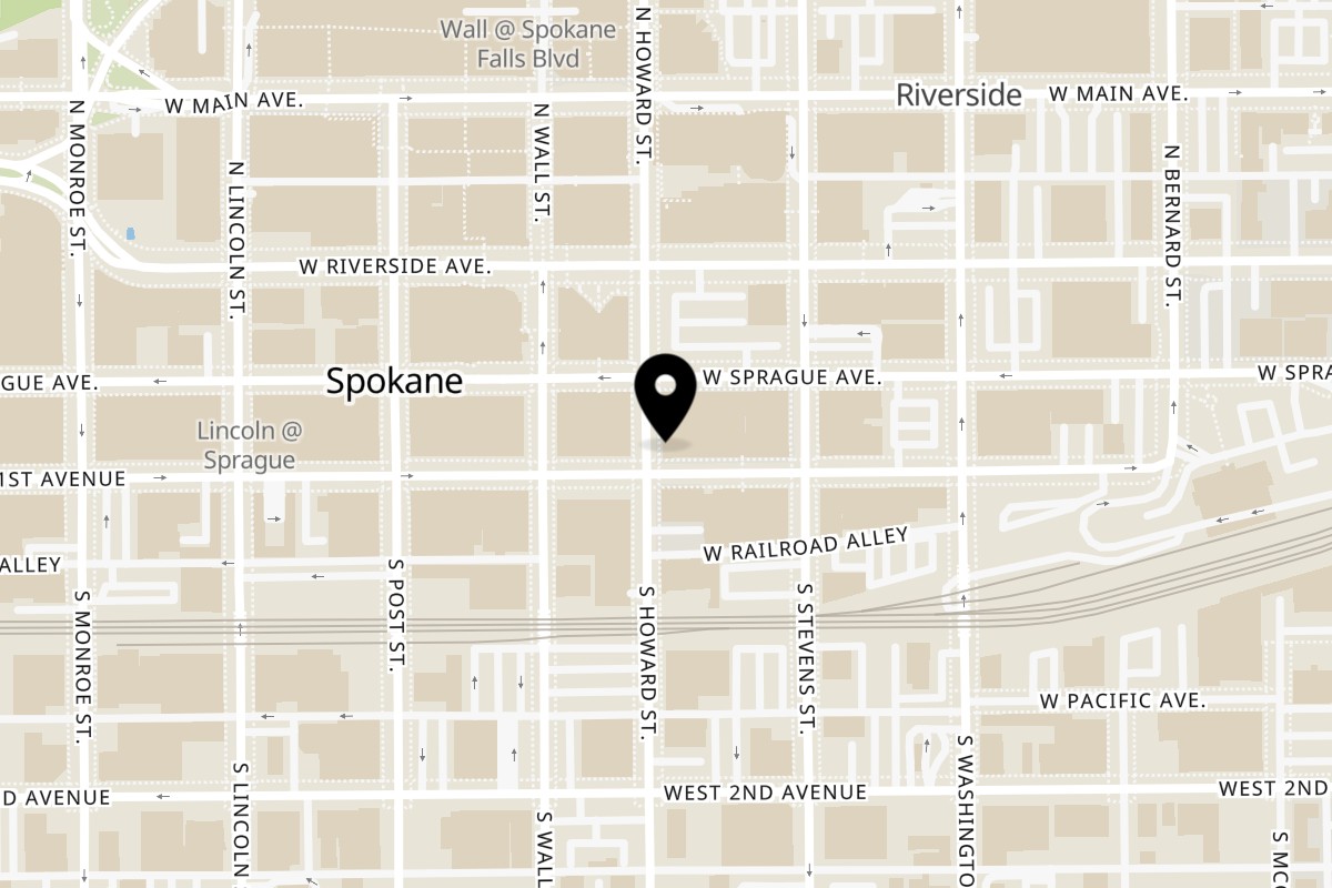 Map showing the location of People's Waffle Spokane on 15 S Howard St in Spokane