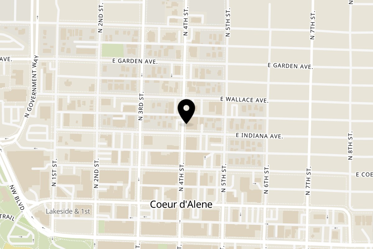 Map showing the location of People's Waffle Coeur d'Alene on 400 N 4th St in Coeur d'Alene